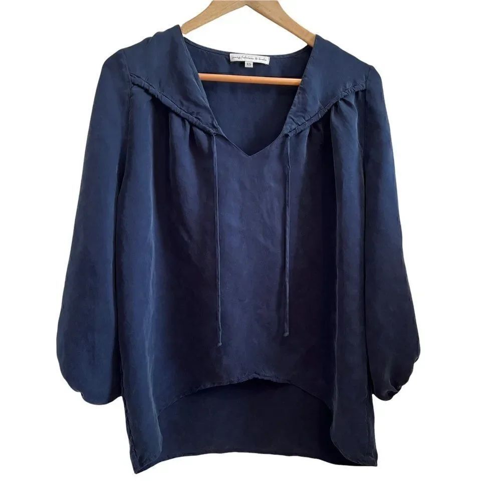 Young Fabulous & Broke Navy Sueded Cupro Hi Lo Balloon Sleeve Top size XS